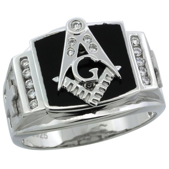 Other - Mens Sterling Silver Black Onyx Masonic Ring CZ Stones & Frosted Crosses on Side